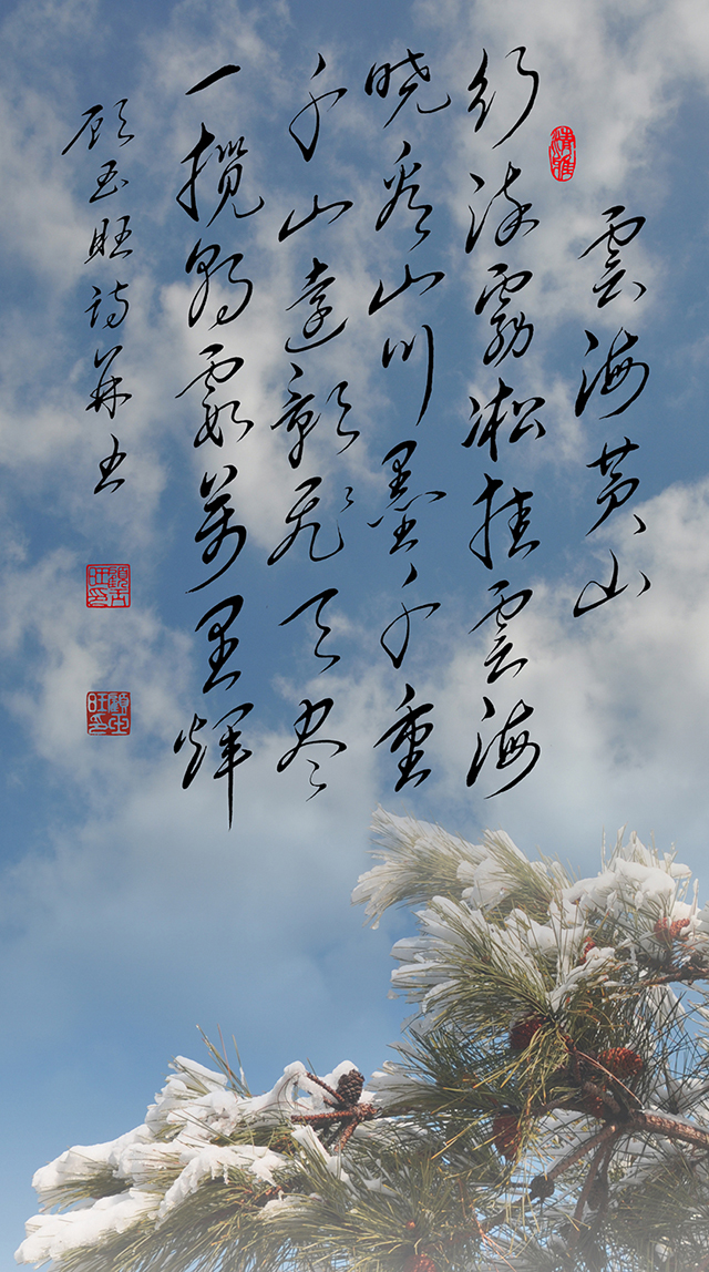 12顾玉旺作品《云海黄山》注释：行染雾凇挂云海，晓看山川墨千重。千山远影飞天尽，一揽朝霞万里辉。.jpg