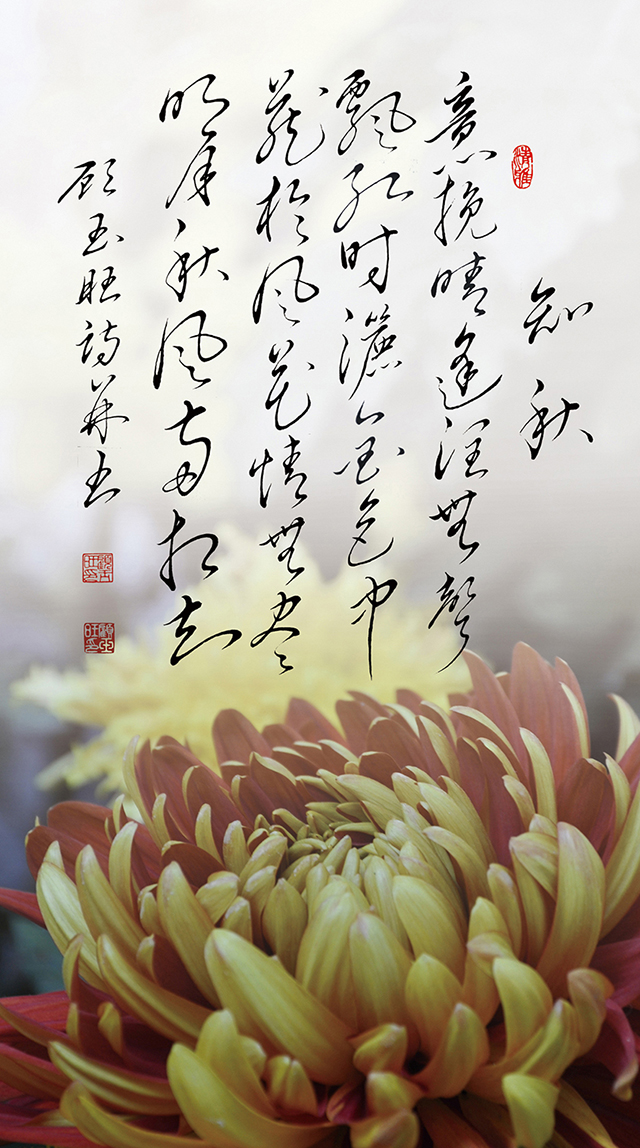 14顾玉旺作品《知秋》注释：意挽晴逢润无声，飘红时洒金色中。藏于风花情无尽，明月秋风两相知。.jpg