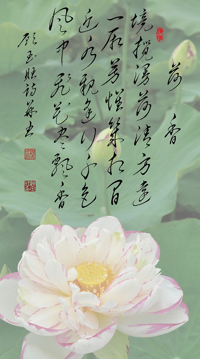 17顾玉旺作品《荷香》释文：境揽漫荷清方远，一厢芳怀几相间。近水亲逢行千色，风中飞花尽飘香。.jpg