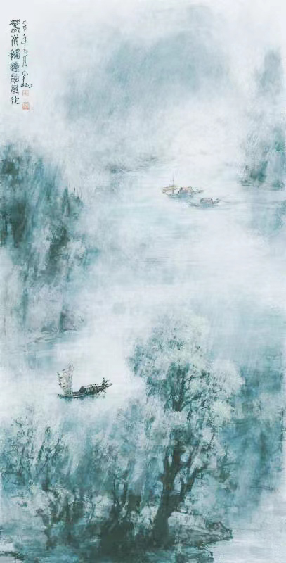 张得翔作品《春水摇动船儿行》136㎝x68㎝2019年.jpg