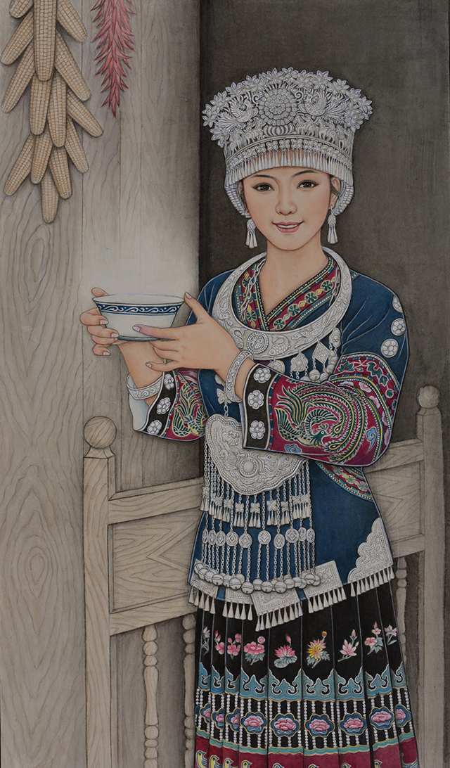 肖耀彩作品1《苗家迎客》规格：108X64cm.JPG