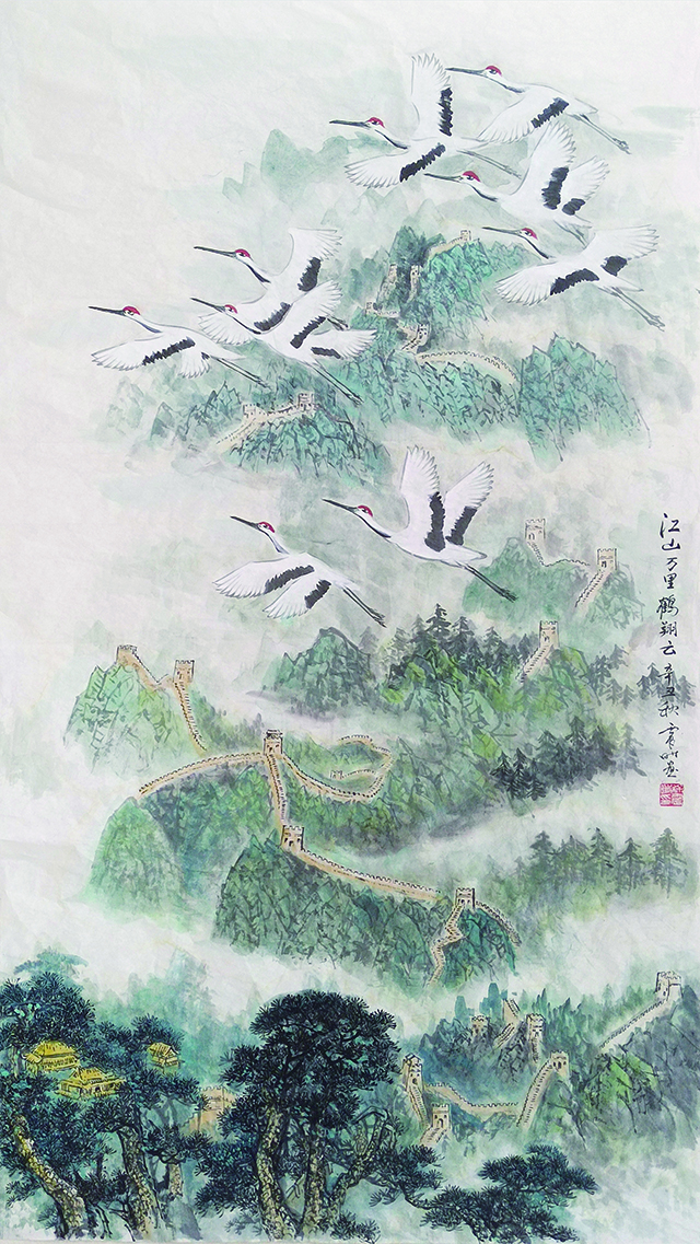 徐震时作品《江山万里鹤翔云》规格：180cmx97cm.JPG