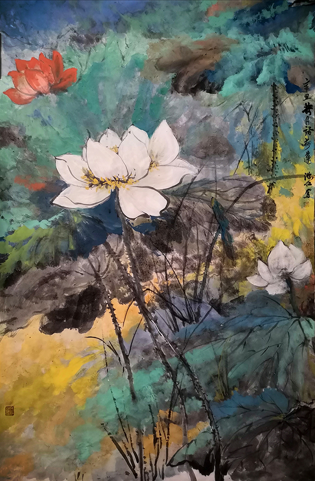 盛絜作品《荷月话荷莲》尺寸：（62x80）.jpg