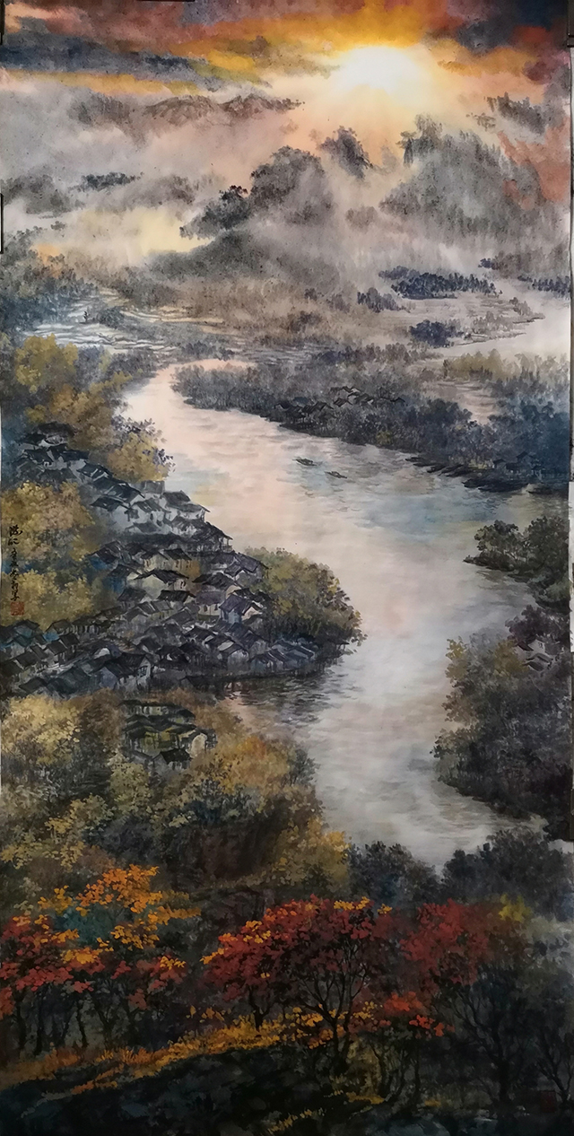 盛絜作品《霞照江南》尺寸：（68x136）.jpg